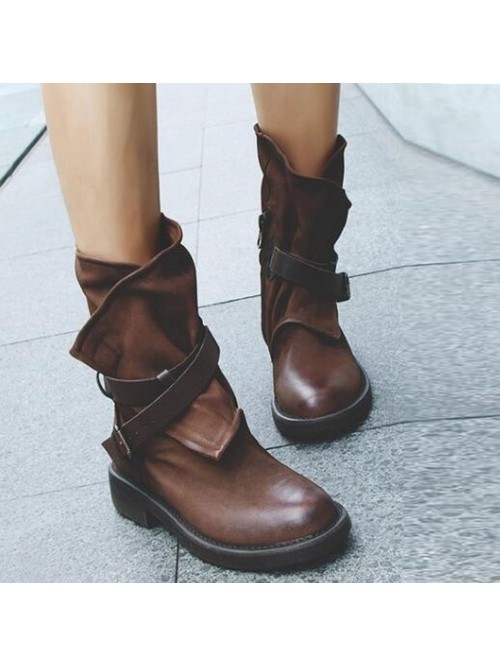 FASHION MEDIUM MILITARY BOOTS WOMEN BUCKLE ARTIFIC...