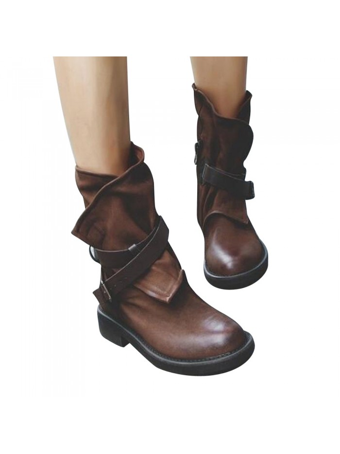 FASHION MEDIUM MILITARY BOOTS WOMEN BUCKLE ARTIFICIAL LEATHER PATCHWORK SHOES