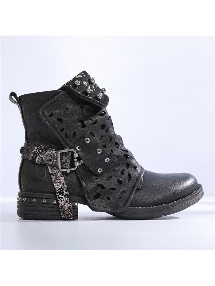 Handmade Rivet Leather Ladies Ankle Boots Winter Round Toe Short Plush Zip Buckle Western Boots Motorcycle Strap Punk Shoes