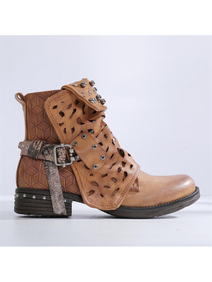 Handmade Rivet Leather Ladies Ankle Boots Winter Round Toe Short Plush Zip Buckle Western Boots Motorcycle Strap Punk Shoes