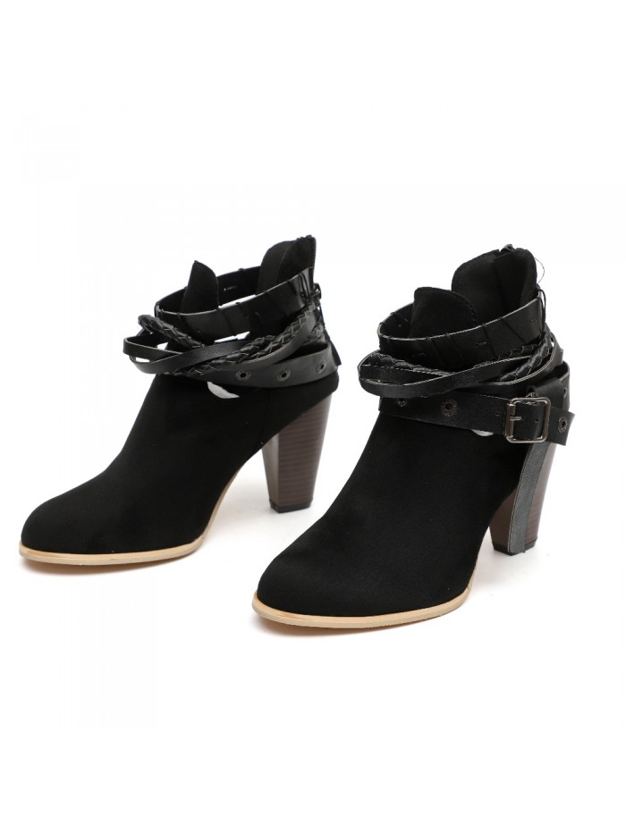 Women Boots Spring Autumn High Heels Shoes for Female Rivet Buckle Daily Shoes PU Leather Ankle Boots