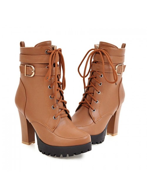 Women Fashion Boots Lace Up Square High Heel Round...