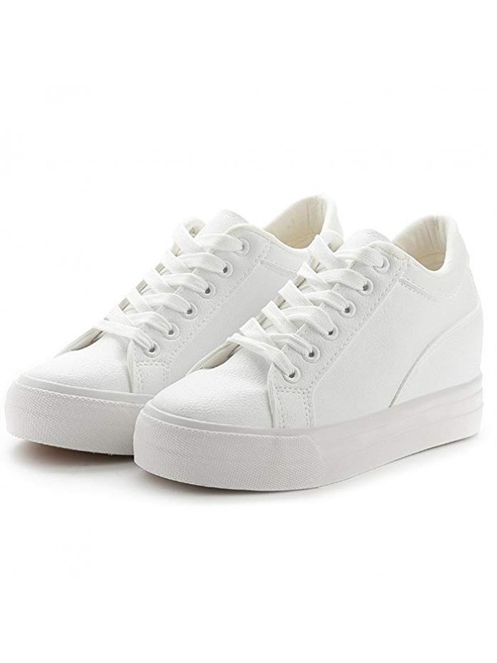 Women Fashion Leather Sneakers Casual Lace up White Black Flat Shoes High Top Hidden Heel Wedges Platform Shoes